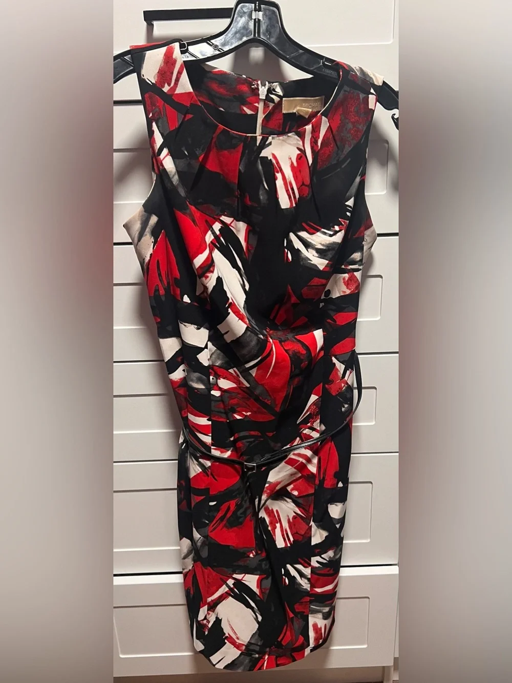 Michael Kors True Red Abstract Print Belted Stretch Crepe Shift Dress (D5)